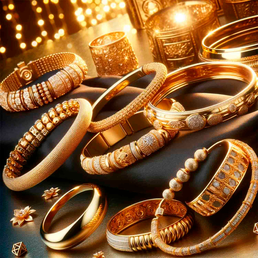 Colección de pulseras de oro de 10k, 14k, 18k, 24k en un fondo lujoso, destacando calidad y variedad en joyería fina.