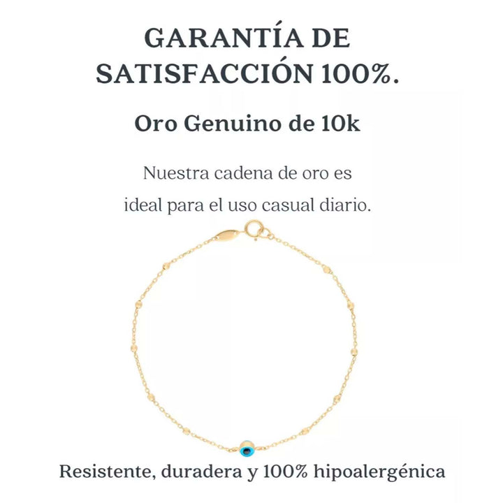Imagen detallada de la Pulsera de Ojo Turco en Oro 10k, centrada en el ojo turco y las eslabones de la cadena.