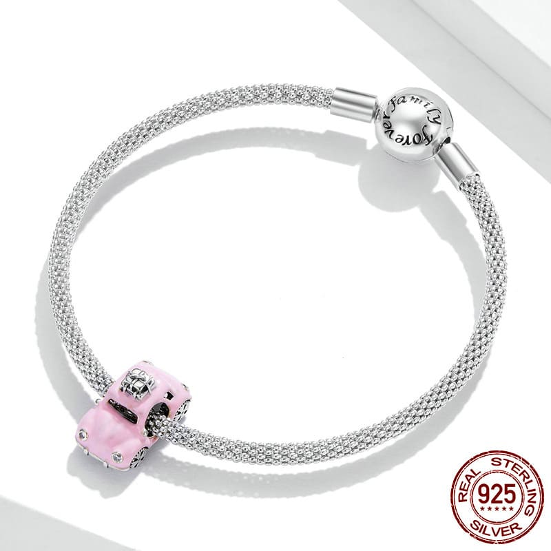 DIJE DE PLATA VW BOCHO ROSA CON PULSERA DE PLATA