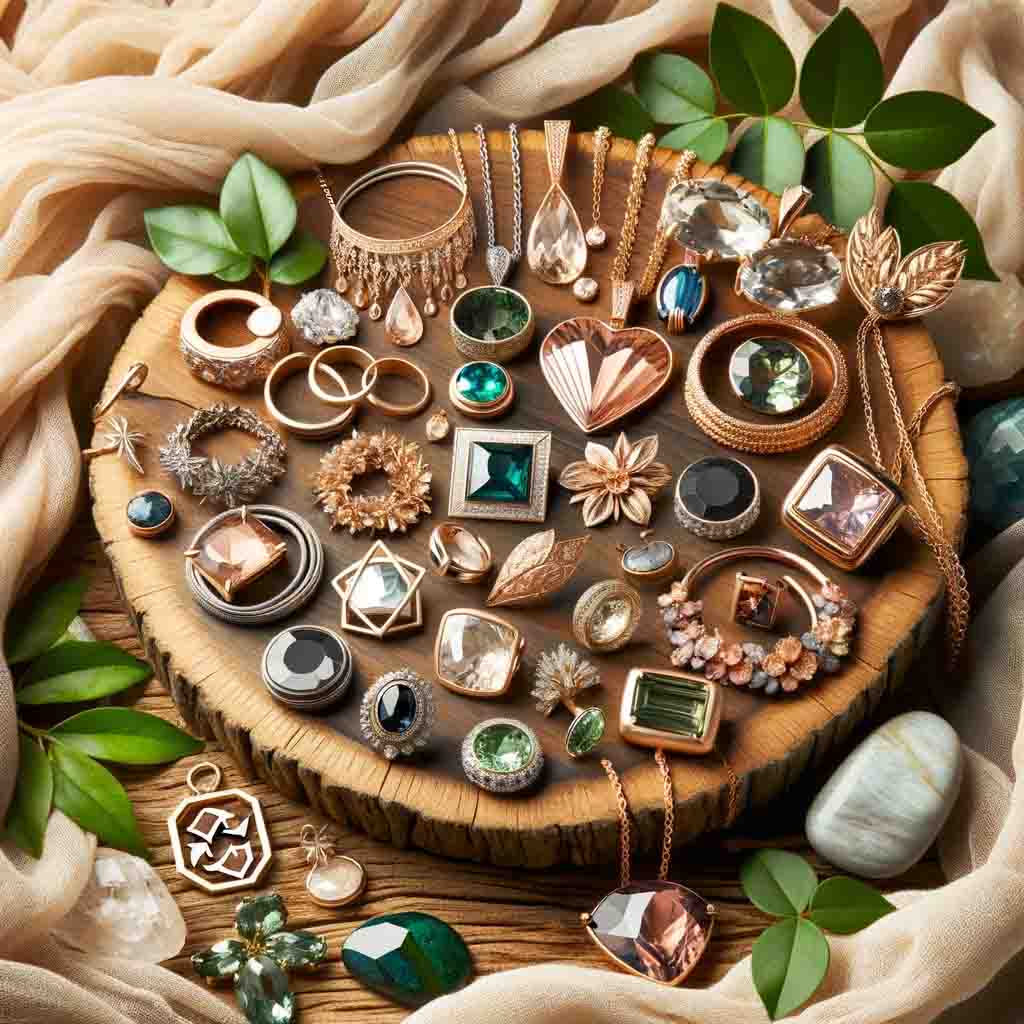 Joyería sostenible en fondo natural: collares de metal reciclado, anillos con gemas de laboratorio y pulseras artesanales, rodeados de hojas verdes y símbolo de reciclaje, destacando lujo y responsabilidad ecológica