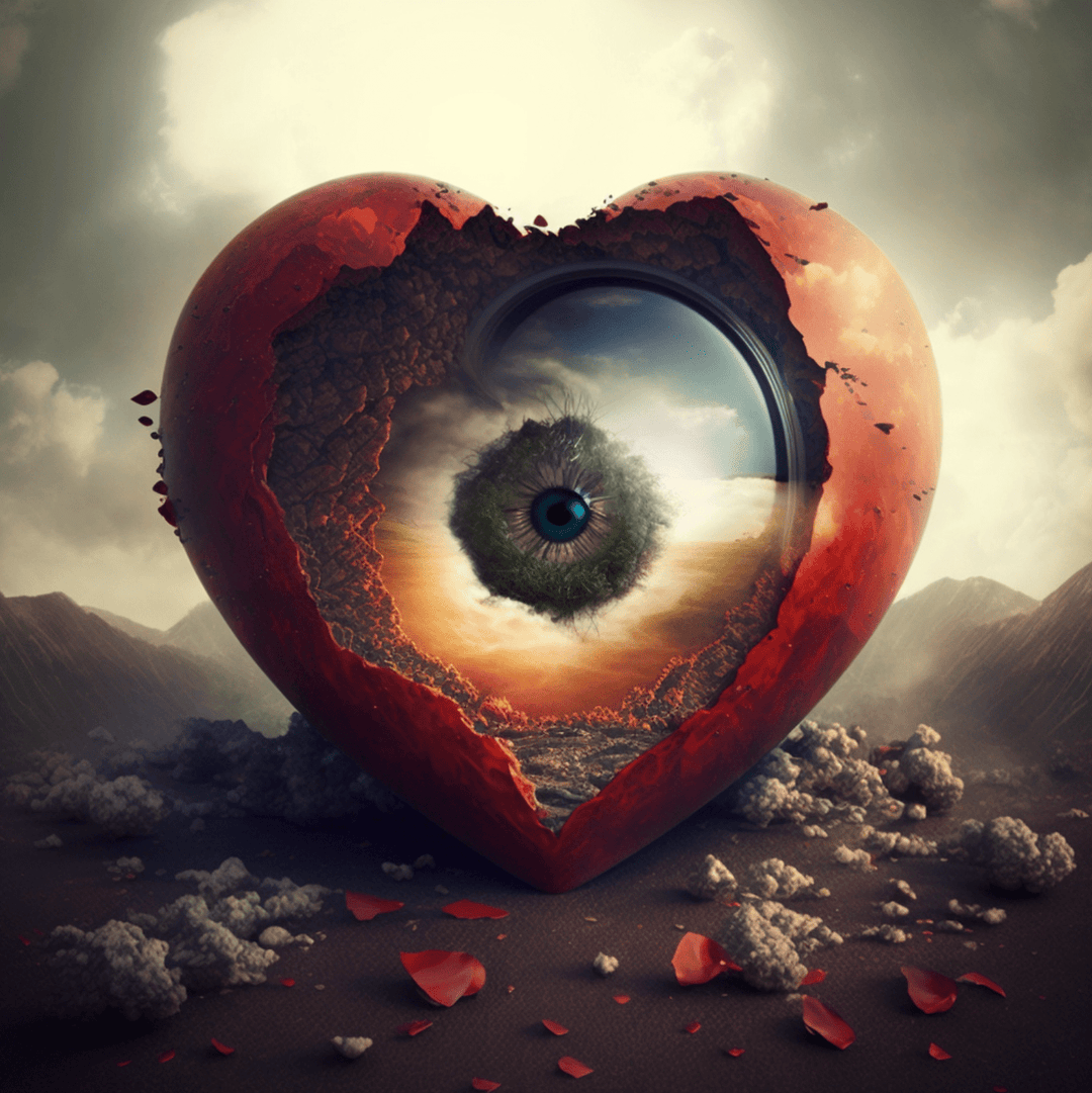 Corazón con un ojo en el centro y un fondo de nubes