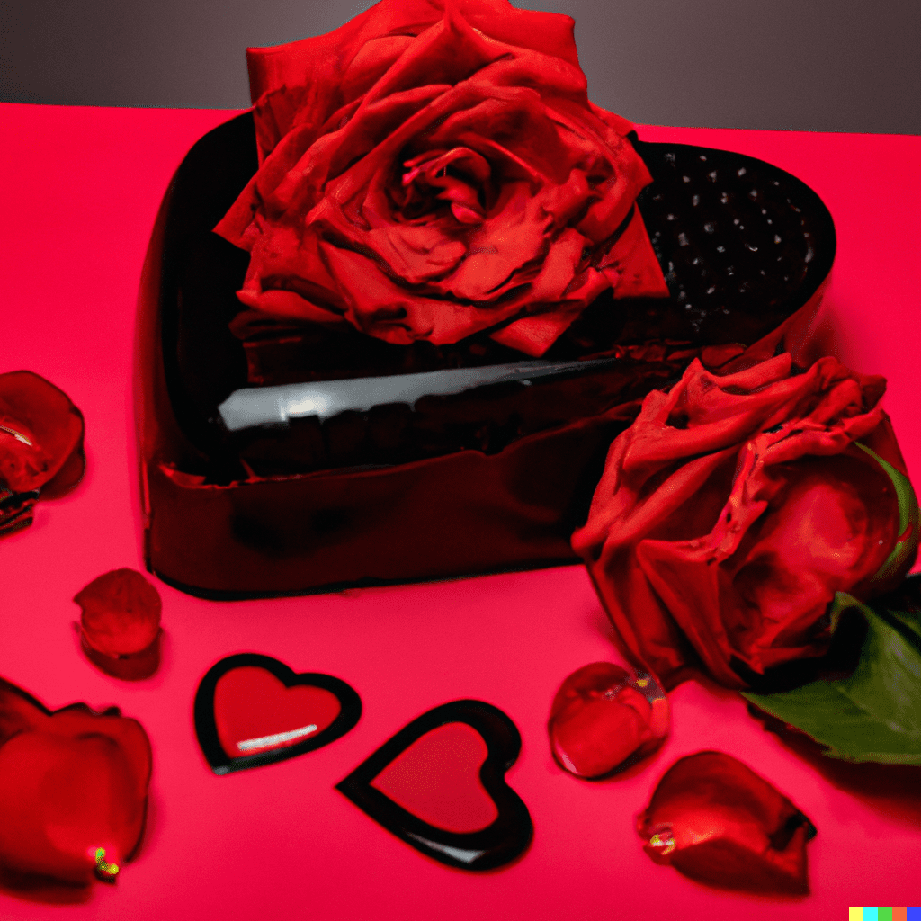 Imagen con rosas fondo rojo y una caja de chocolates en forma de corazón