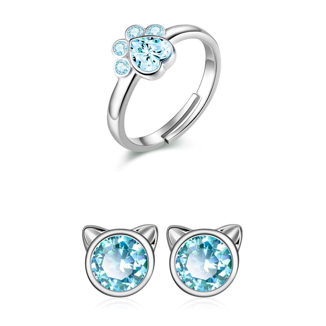 Anillo de plata y Aretes de plata con dije de Gato y Circonia