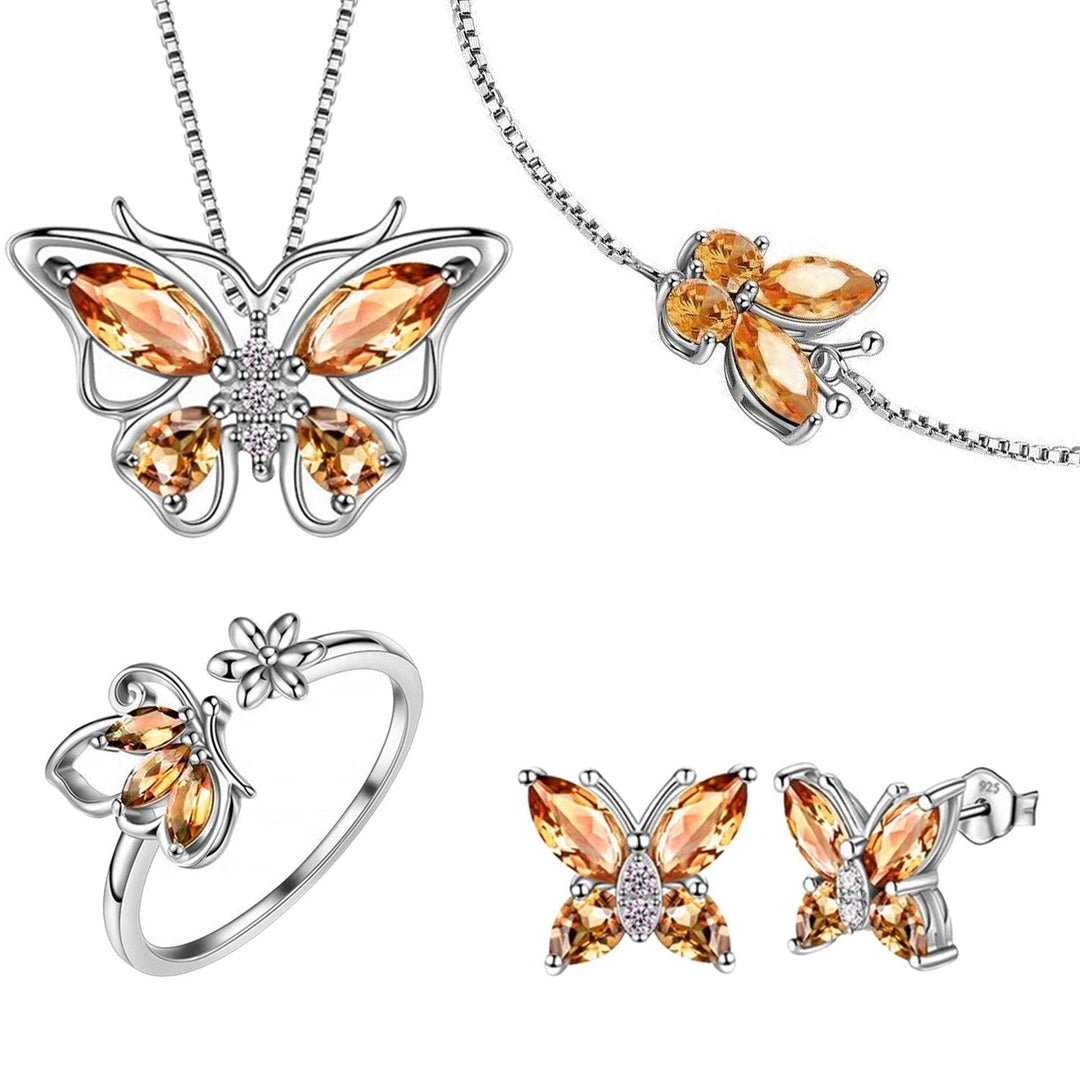 4 Piezas - Collar de mariposa + Anillo de Mariposa + Aretes y Pulsera