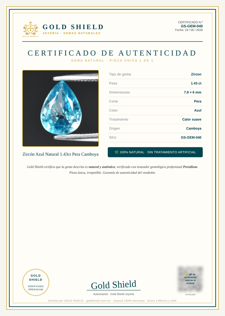 Certificado de Autenticidad Gold Shield - Zircón Azul Natural 1.43ct Pera Camboya