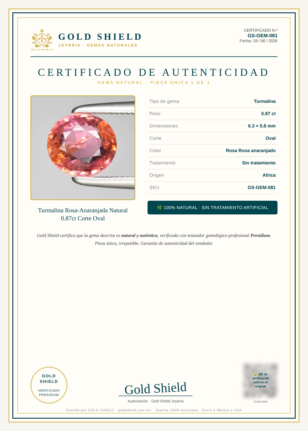 Certificado de Autenticidad Gold Shield - Turmalina Rosa-Anaranjada Natural 0.87ct Corte Oval