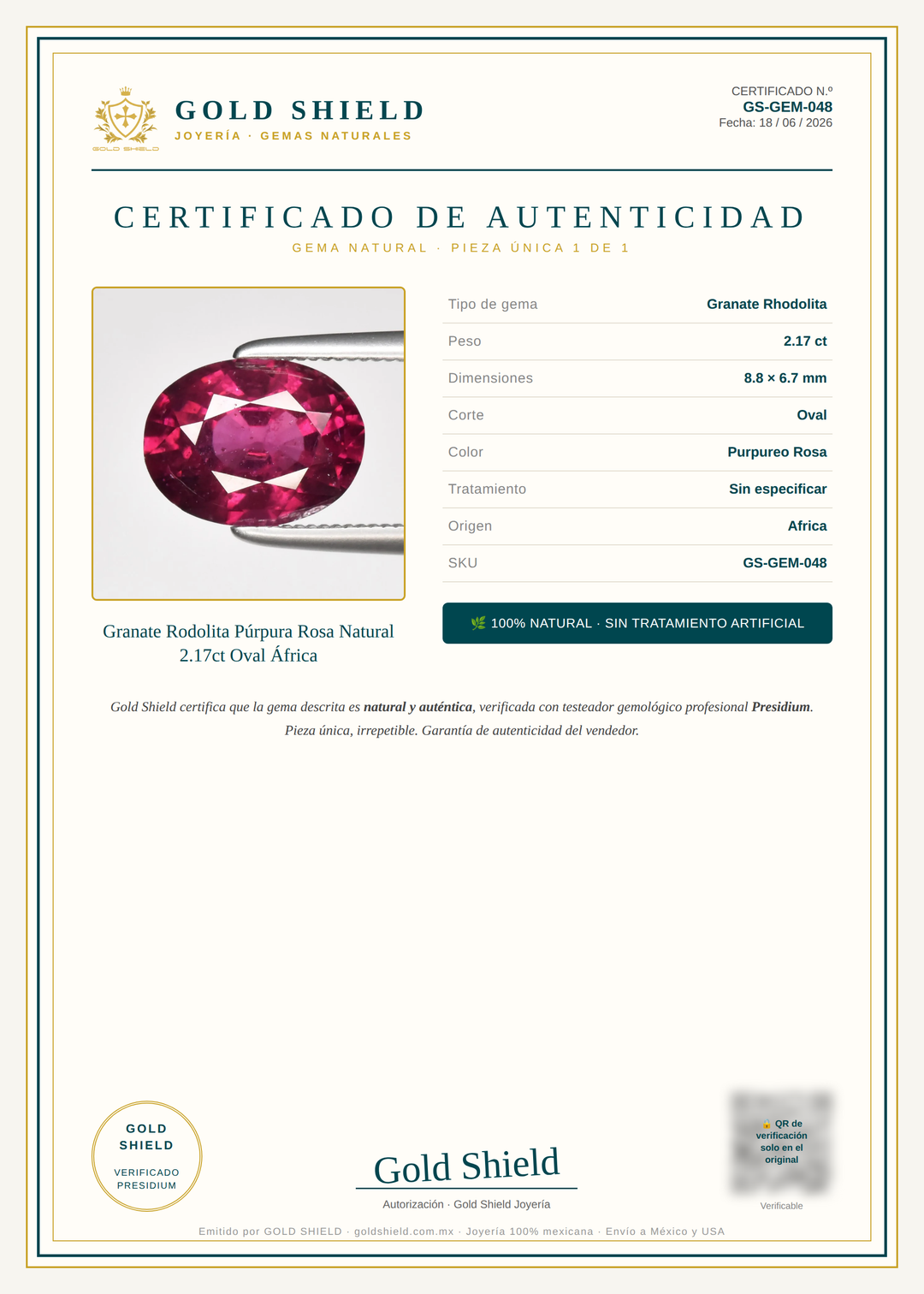 Certificado de Autenticidad Gold Shield - Granate Rodolita Púrpura Rosa Natural 2.17ct Oval África