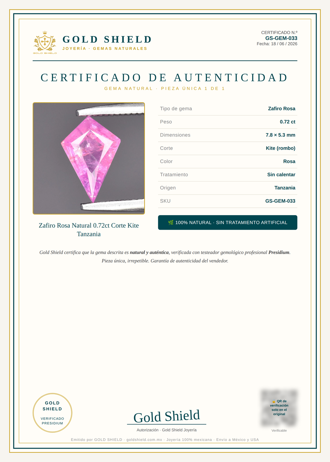 Certificado de Autenticidad Gold Shield - Zafiro Rosa Natural 0.72ct Corte Kite Tanzania