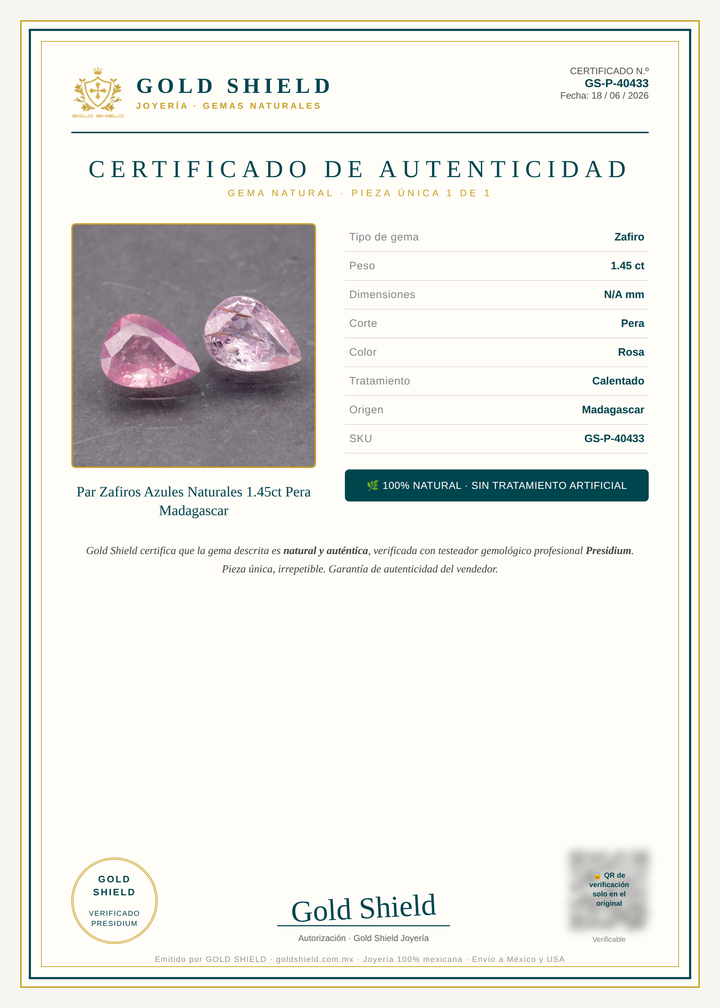 Certificado de Autenticidad Gold Shield - Par Zafiros Azules Naturales 1.45ct Pera Madagascar
