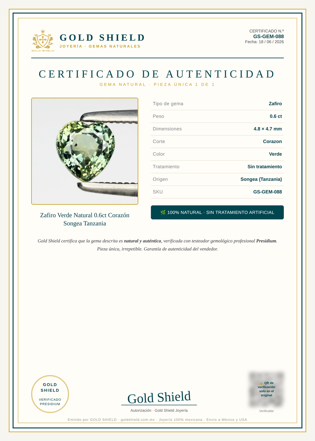 Certificado de Autenticidad Gold Shield - Zafiro Verde Natural 0.6ct Corazón Songea Tanzania