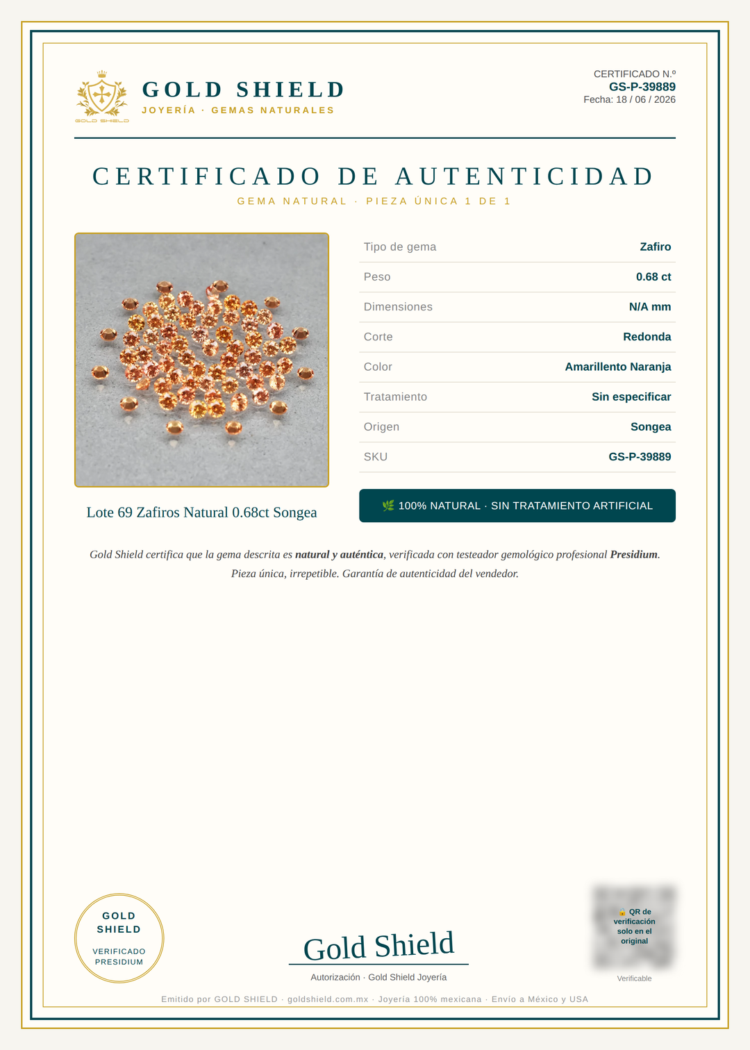 Certificado de Autenticidad Gold Shield - Lote 69 Zafiros Natural 0.68ct Songea