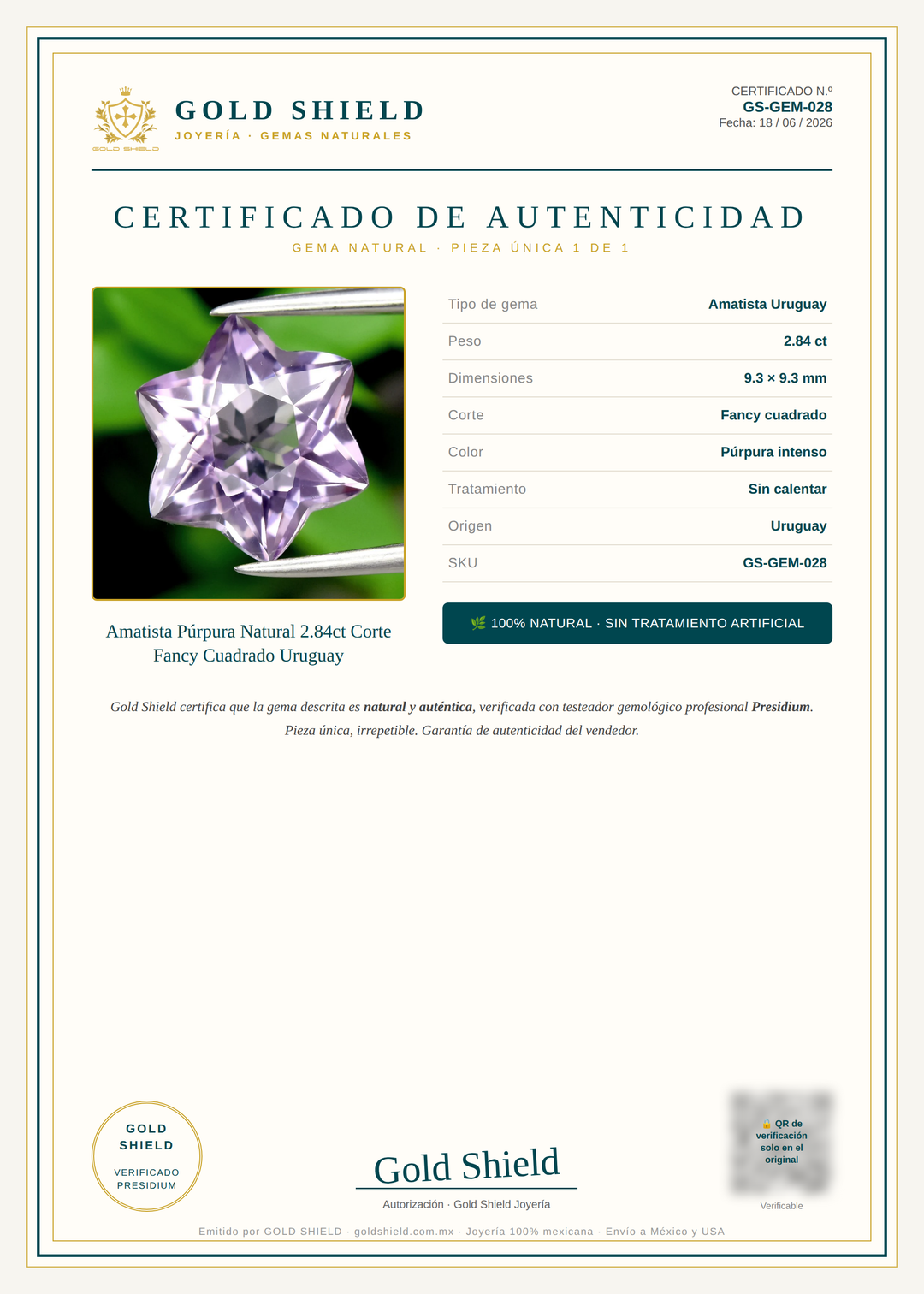 Certificado de Autenticidad Gold Shield - Amatista Púrpura Natural 2.84ct Corte Fancy Cuadrado Uruguay