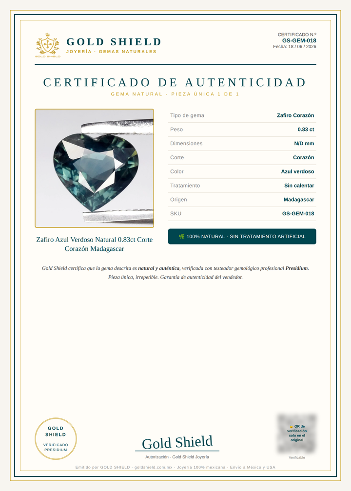 Certificado de Autenticidad Gold Shield - Zafiro Azul Verdoso Natural 0.83ct Corte Corazón Madagascar