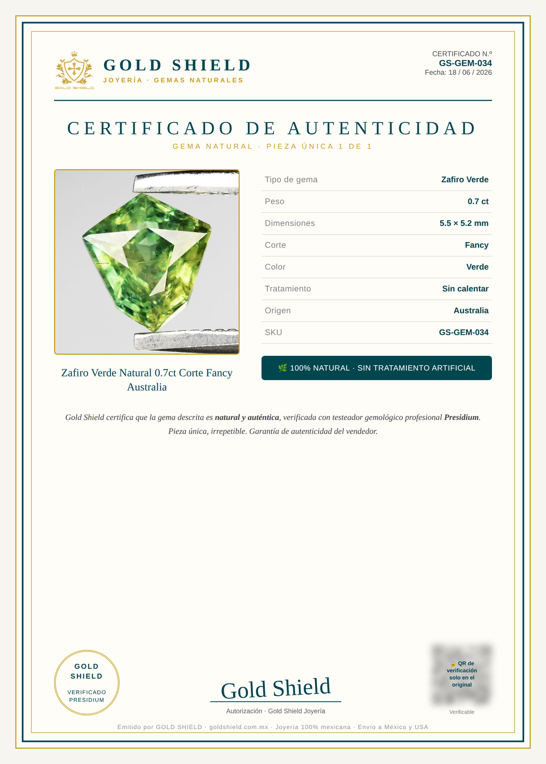 Certificado de Autenticidad Gold Shield - Zafiro Verde Natural 0.7ct Corte Fancy Australia