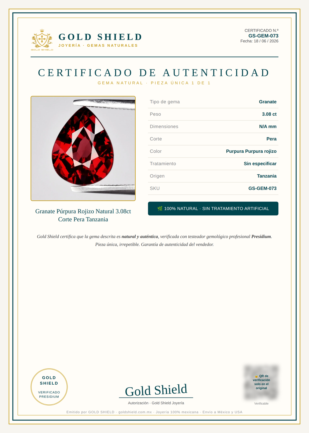 Certificado de Autenticidad Gold Shield - Granate Púrpura Rojizo Natural 3.08ct Corte Pera Tanzania