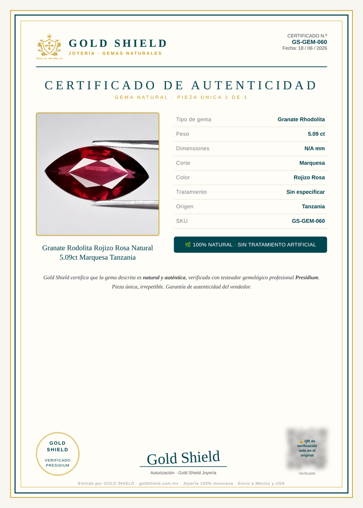 Certificado de Autenticidad Gold Shield - Granate Rodolita Rojizo Rosa Natural 5.09ct Marquesa Tanzania