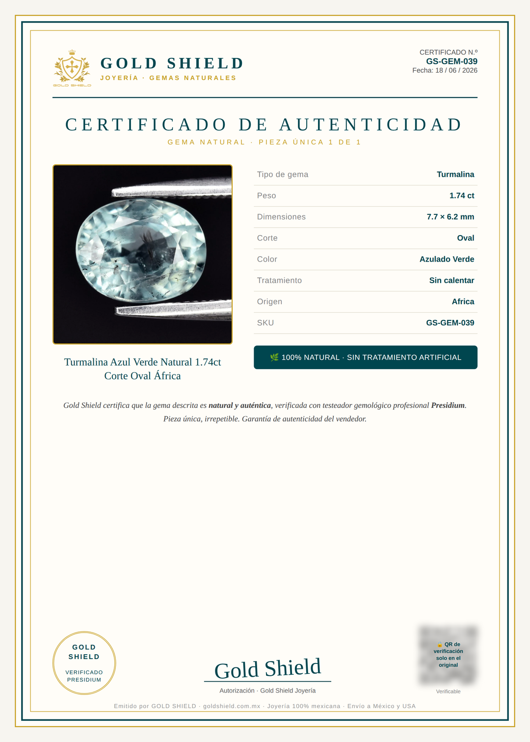 Certificado de Autenticidad Gold Shield - Turmalina Azul Verde Natural 1.74ct Corte Oval África