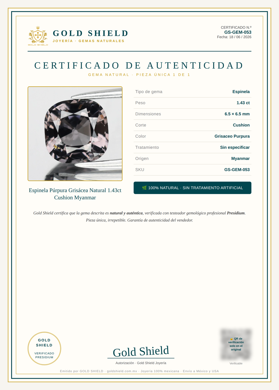 Certificado de Autenticidad Gold Shield - Espinela Púrpura Grisácea Natural 1.43ct Cushion Myanmar