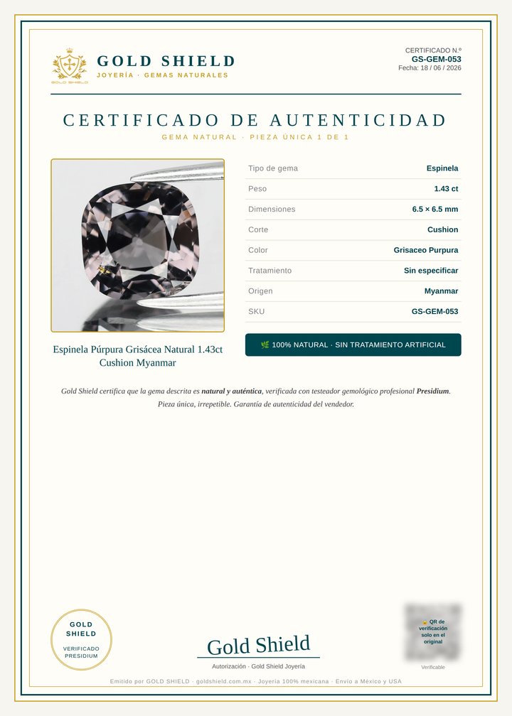Certificado de Autenticidad Gold Shield - Espinela Púrpura Grisácea Natural 1.43ct Cushion Myanmar