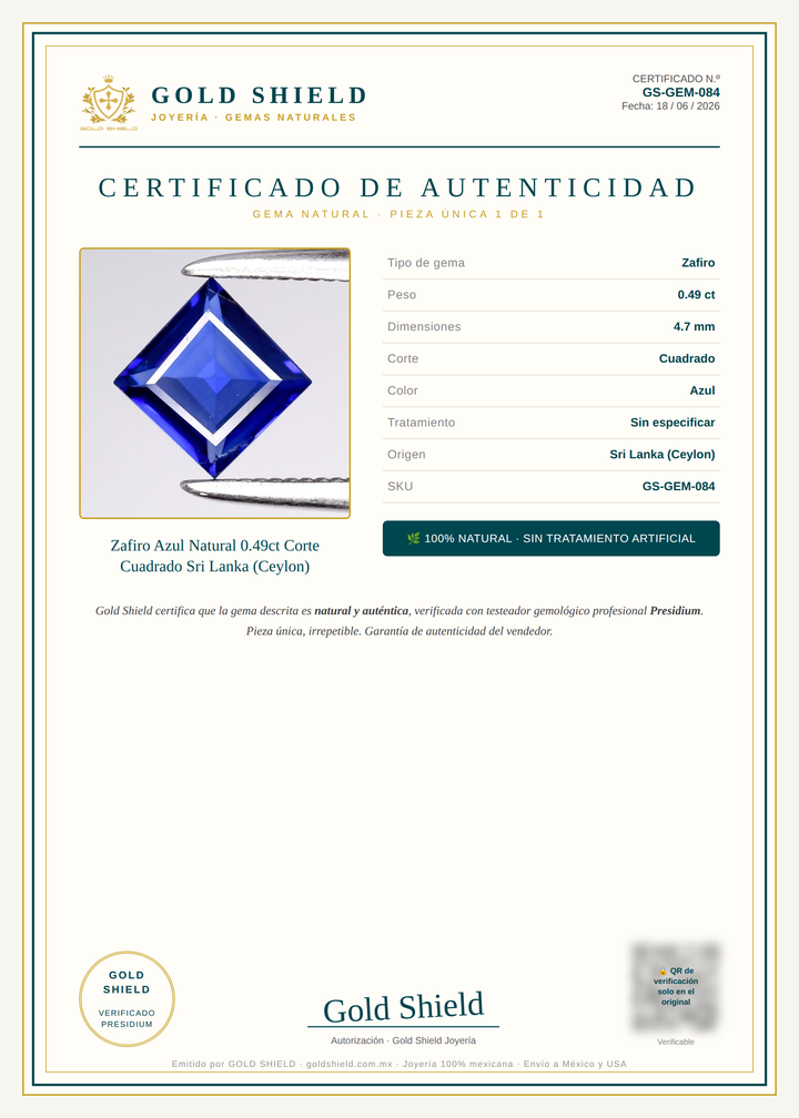 Certificado de Autenticidad Gold Shield - Zafiro Azul Natural 0.49ct Corte Cuadrado Sri Lanka (Ceylon)