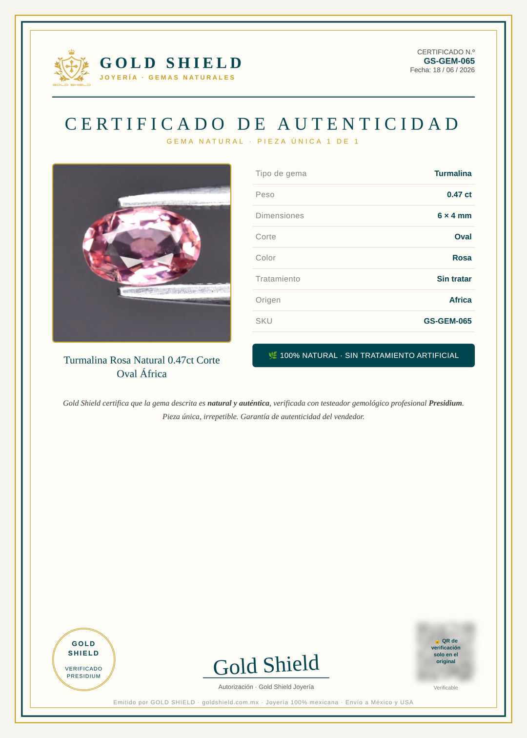 Certificado de Autenticidad Gold Shield - Turmalina Rosa Natural 0.47ct Corte Oval África