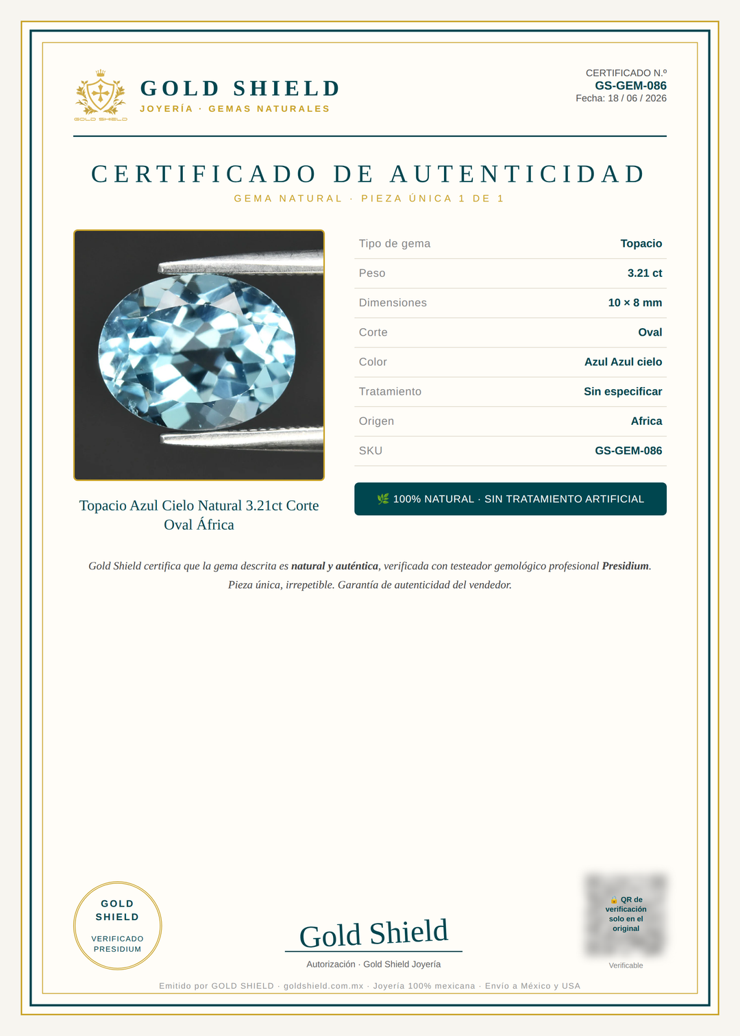 Certificado de Autenticidad Gold Shield - Topacio Azul Cielo Natural 3.21ct Corte Oval África