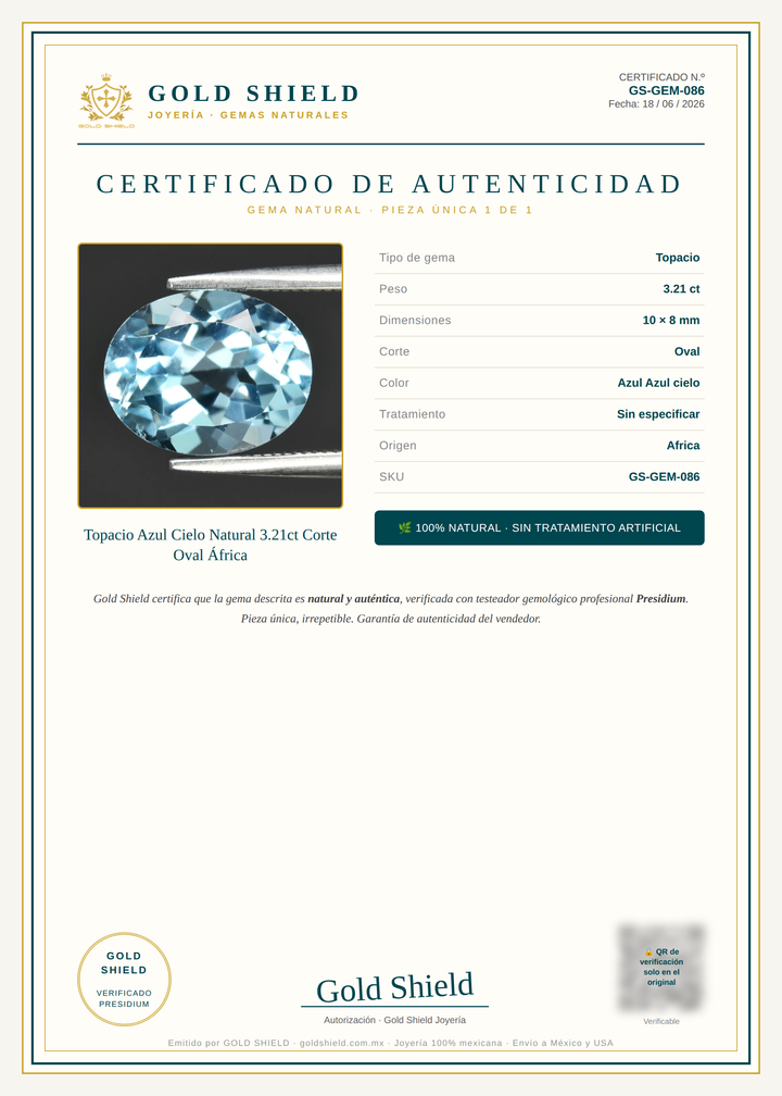 Certificado de Autenticidad Gold Shield - Topacio Azul Cielo Natural 3.21ct Corte Oval África