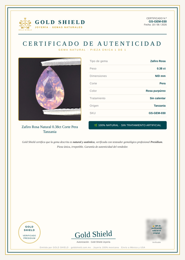 Certificado de Autenticidad Gold Shield - Zafiro Rosa Natural 0.38ct Corte Pera Tanzania
