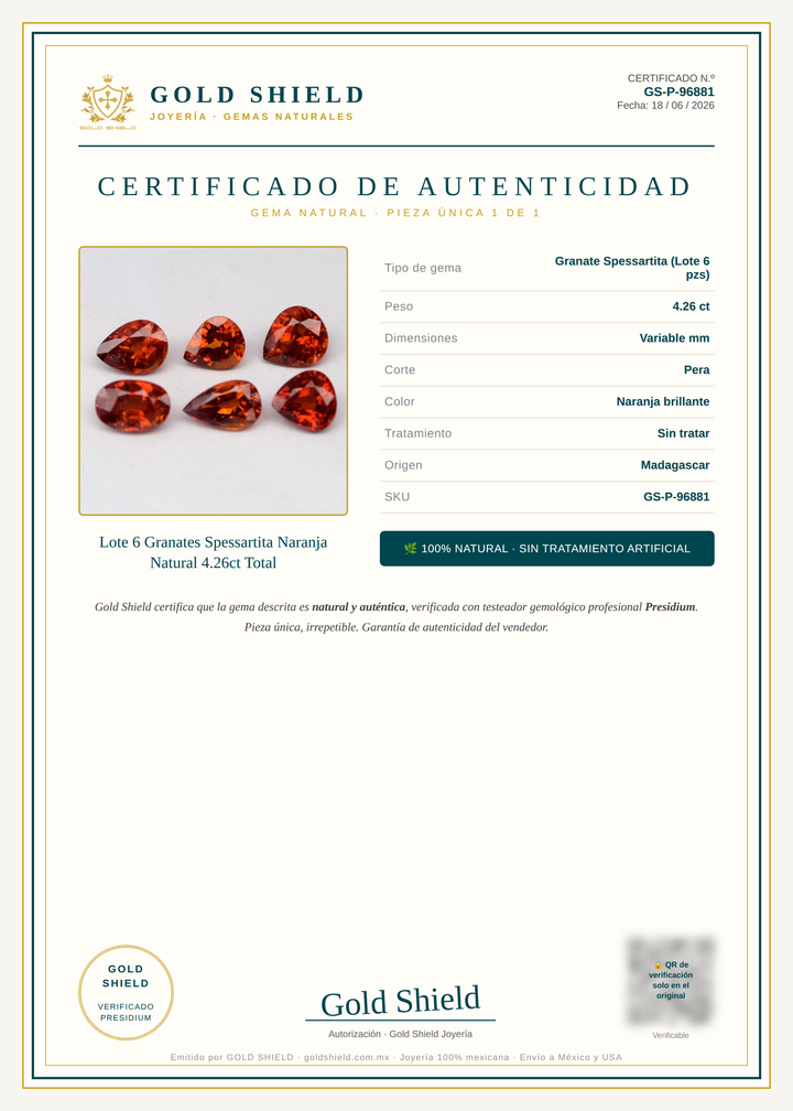 Certificado de Autenticidad Gold Shield - Lote 6 Granates Spessartita Naranja Natural 4.26ct Total