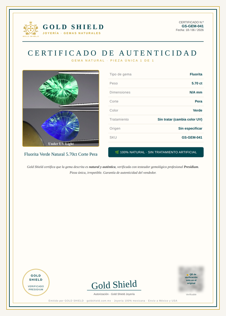 Certificado de Autenticidad Gold Shield - Fluorita Verde Natural 5.70ct Corte Pera