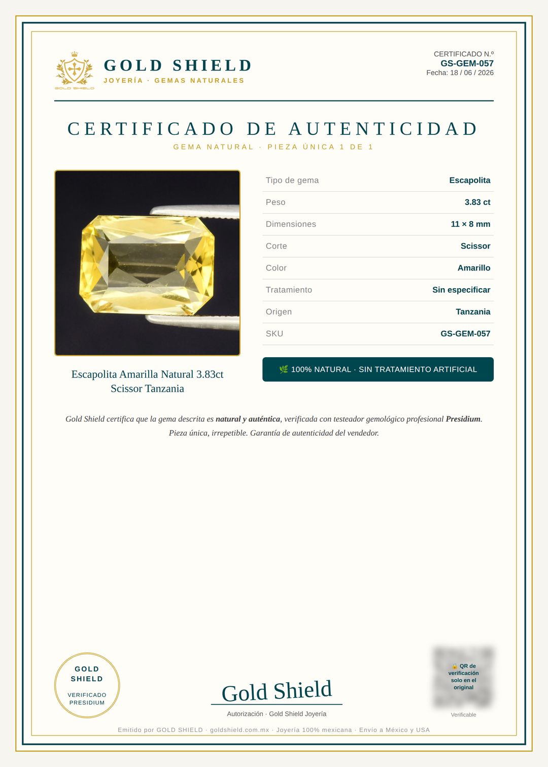 Certificado de Autenticidad Gold Shield - Escapolita Amarilla Natural 3.83ct Scissor Tanzania