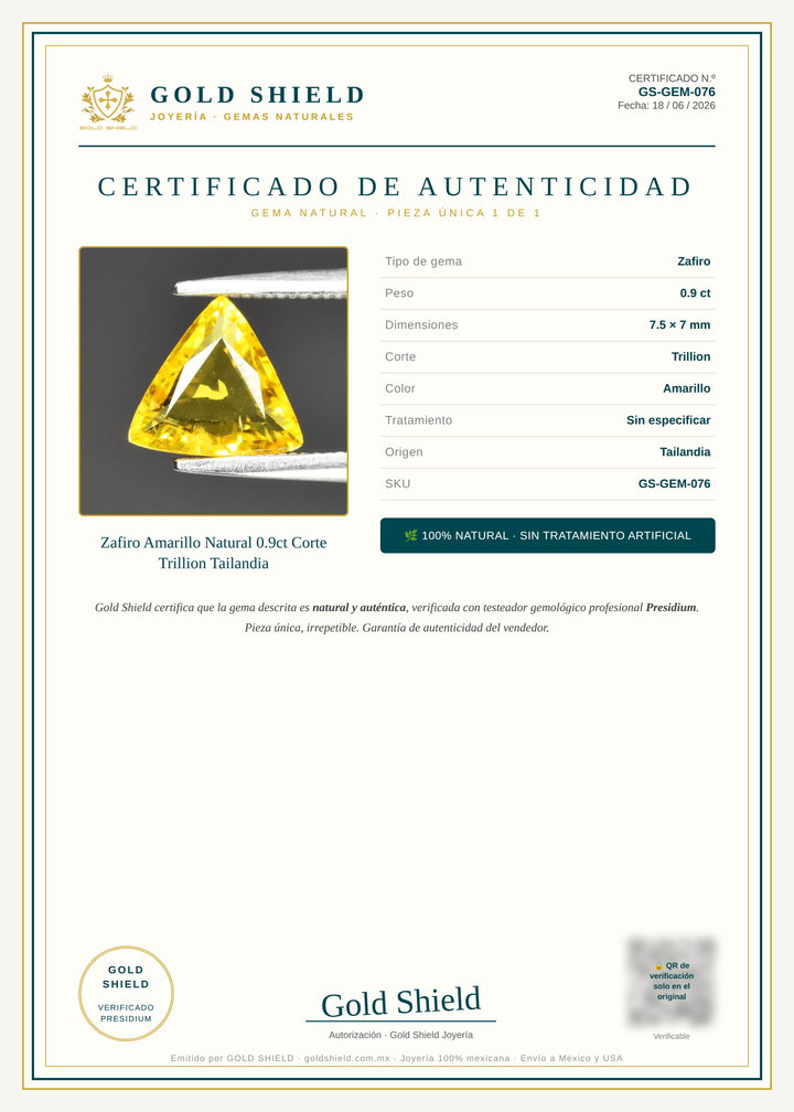 Certificado de Autenticidad Gold Shield - Zafiro Amarillo Natural 0.9ct Corte Trillion Tailandia