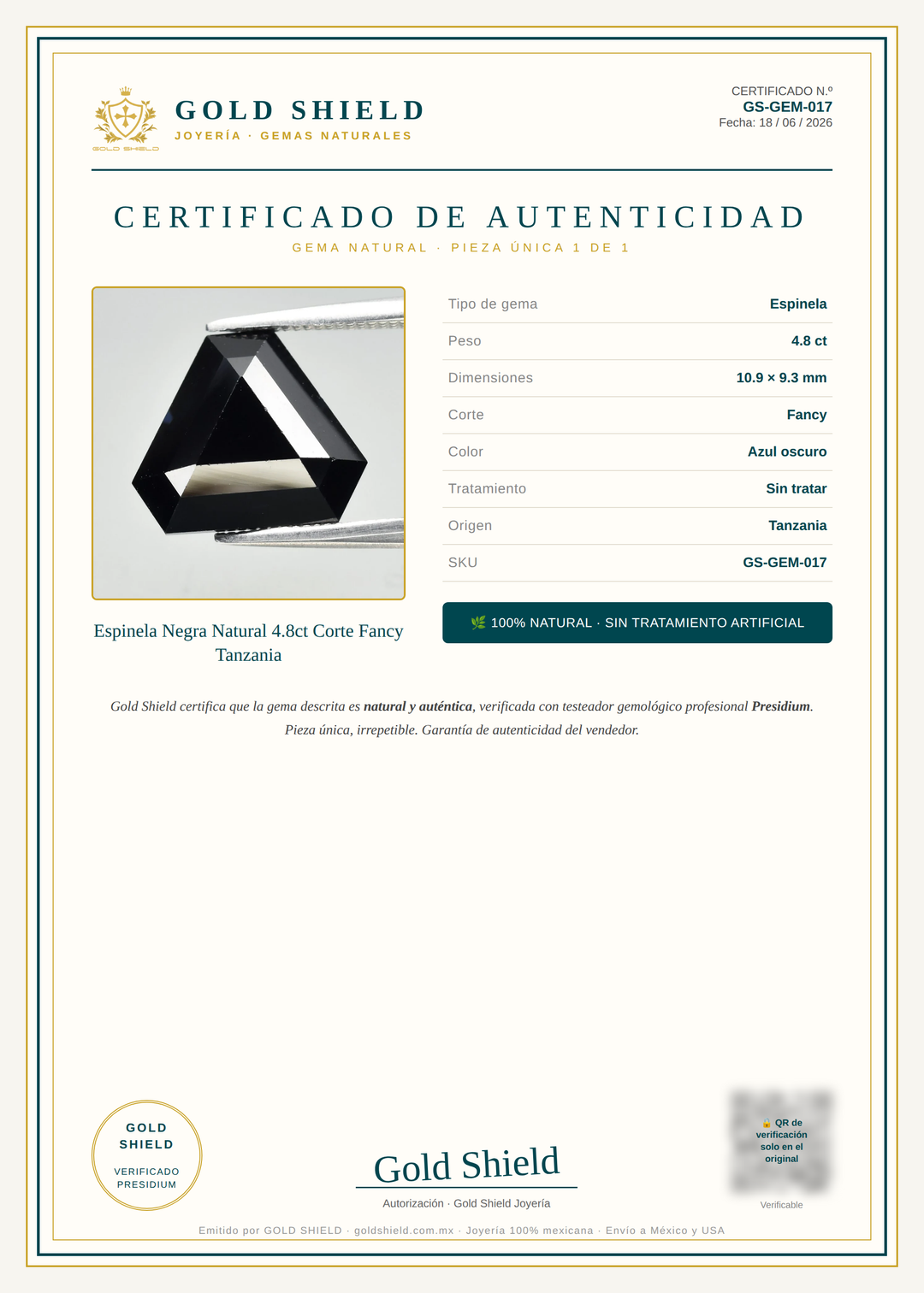 Certificado de Autenticidad Gold Shield - Espinela Negra Natural 4.8ct Corte Fancy Tanzania