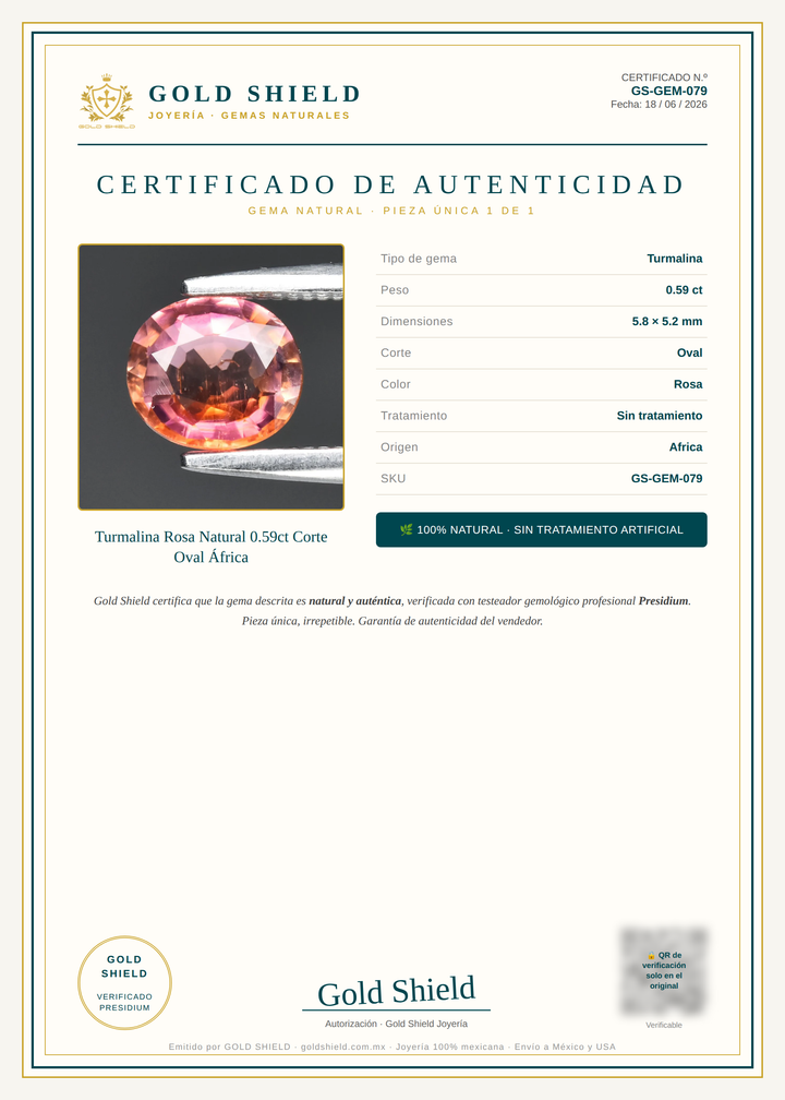 Certificado de Autenticidad Gold Shield - Turmalina Rosa Natural 0.59ct Corte Oval África