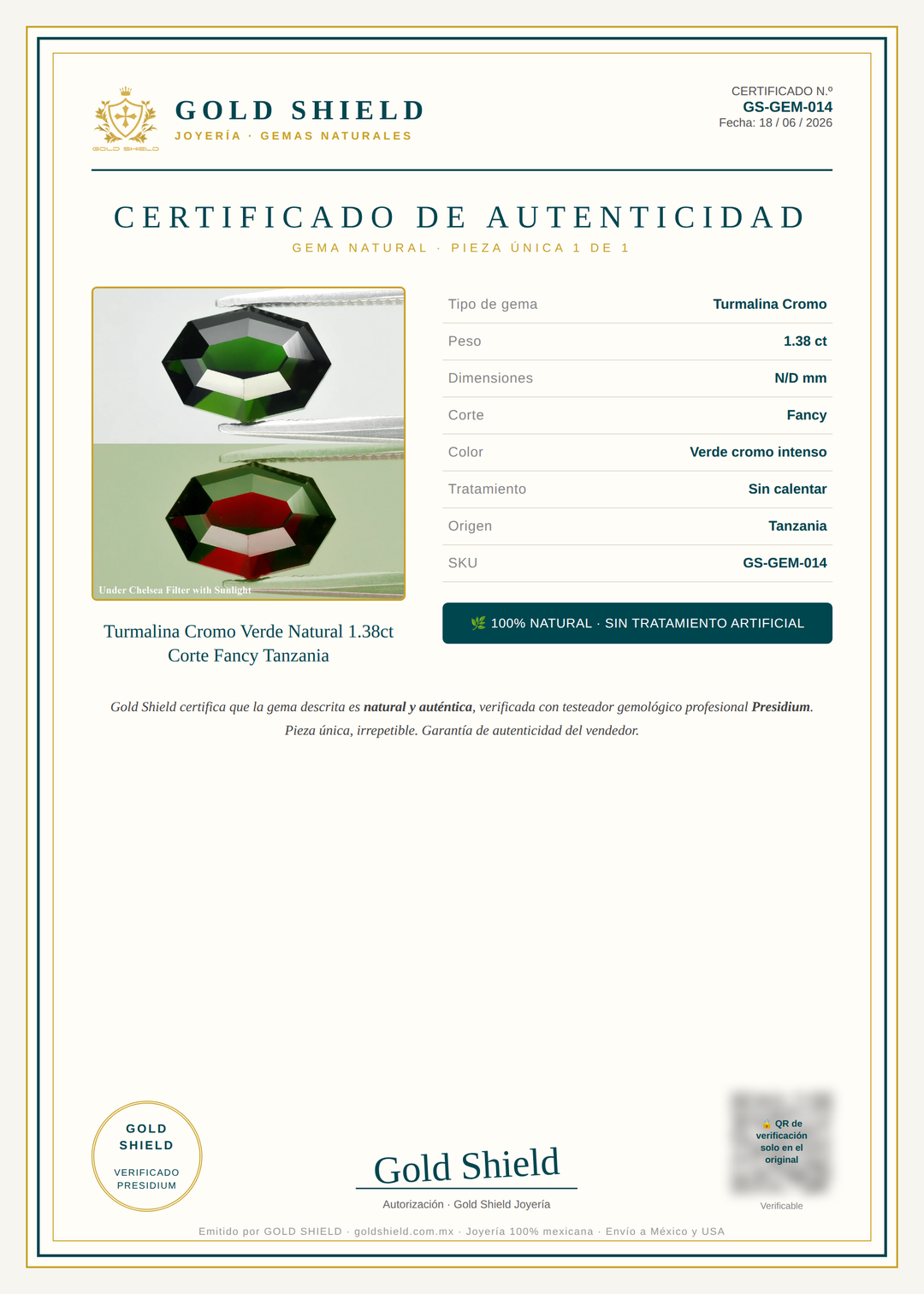 Certificado de Autenticidad Gold Shield - Turmalina Cromo Verde Natural 1.38ct Corte Fancy Tanzania
