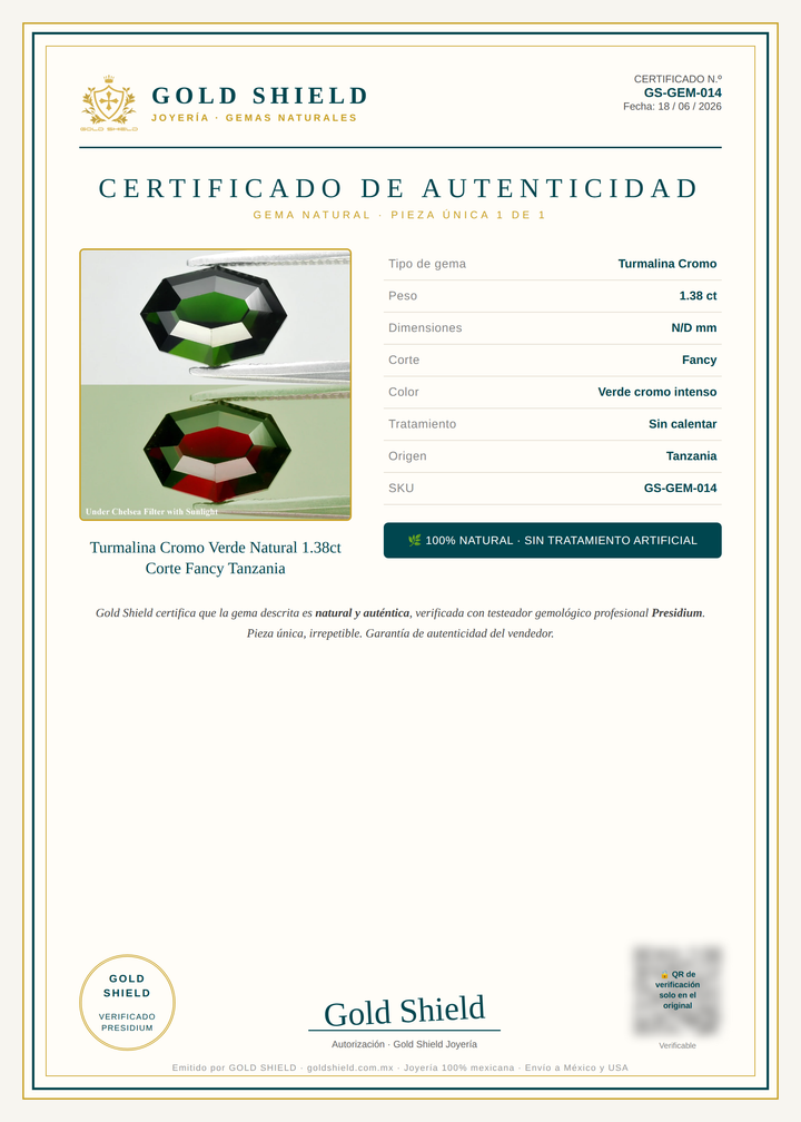 Certificado de Autenticidad Gold Shield - Turmalina Cromo Verde Natural 1.38ct Corte Fancy Tanzania