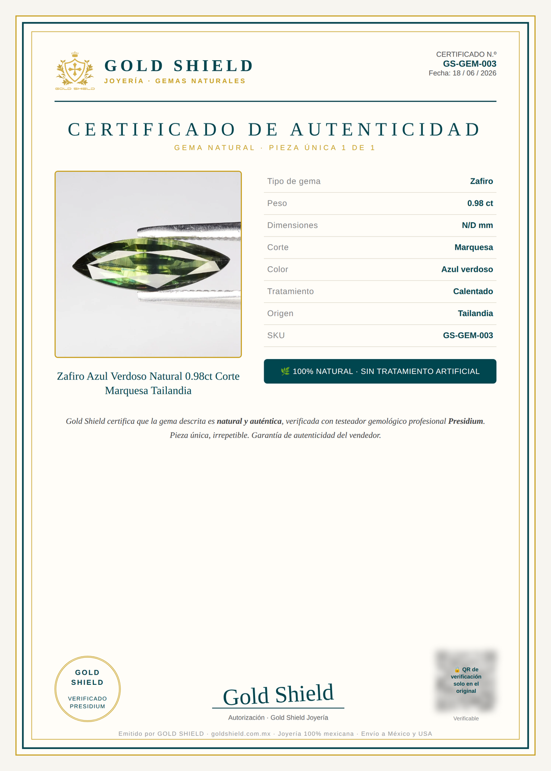 Certificado de Autenticidad Gold Shield - Zafiro Azul Verdoso Natural 0.98ct Corte Marquesa Tailandia