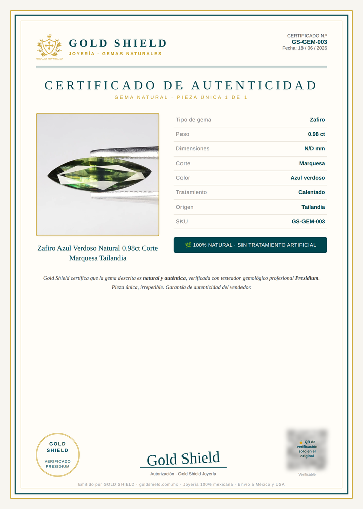 Certificado de Autenticidad Gold Shield - Zafiro Azul Verdoso Natural 0.98ct Corte Marquesa Tailandia