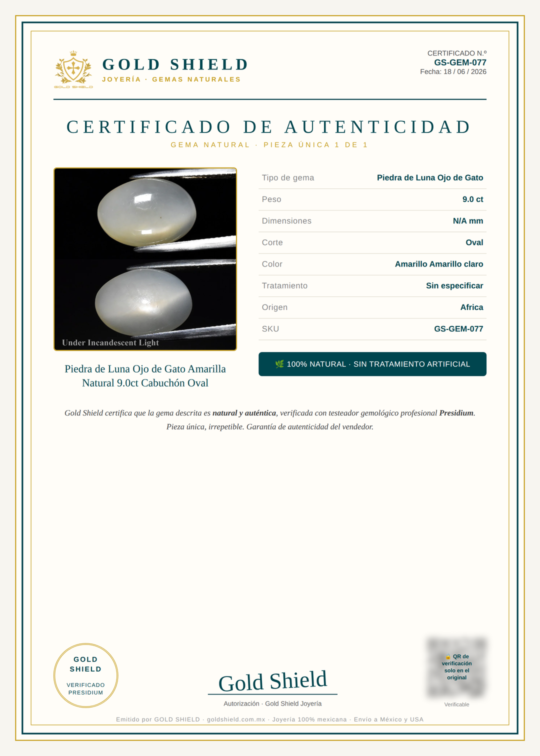 Certificado de Autenticidad Gold Shield - Piedra de Luna Ojo de Gato Amarilla Natural 9.0ct Cabuchón Oval