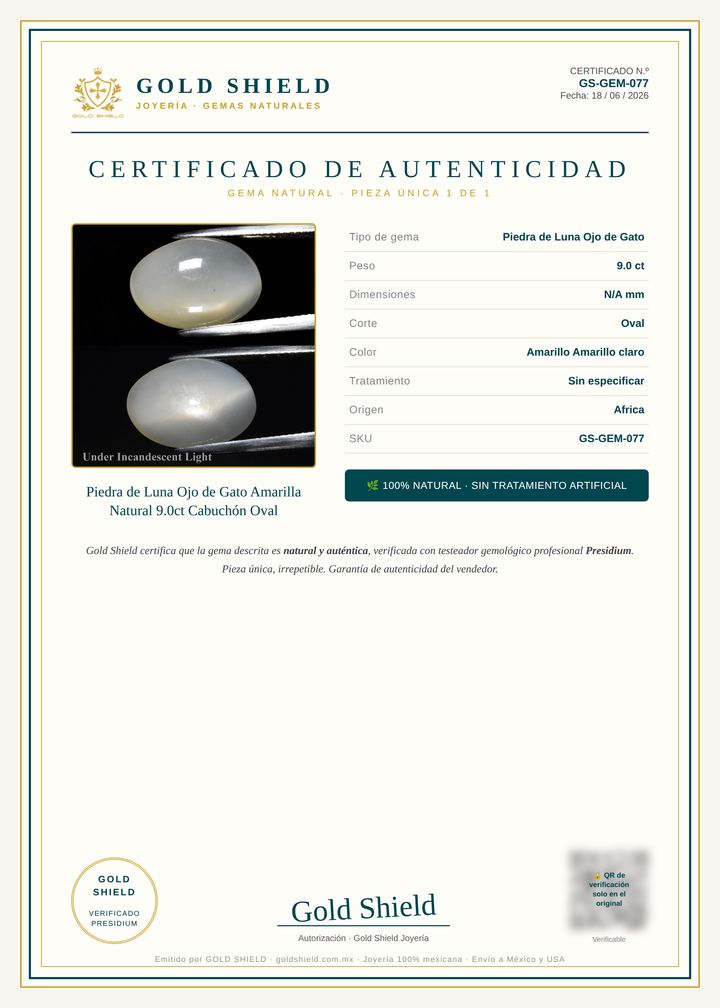 Certificado de Autenticidad Gold Shield - Piedra de Luna Ojo de Gato Amarilla Natural 9.0ct Cabuchón Oval