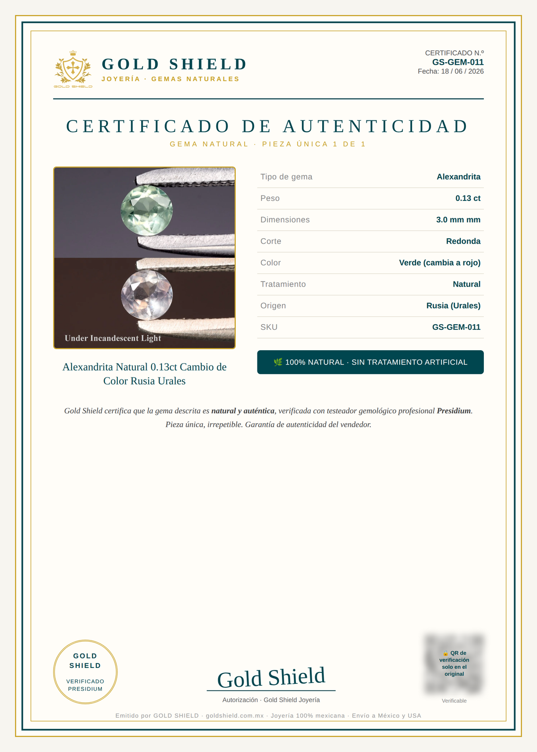 Certificado de Autenticidad Gold Shield - Alexandrita Natural 0.13ct Cambio de Color Rusia Urales
