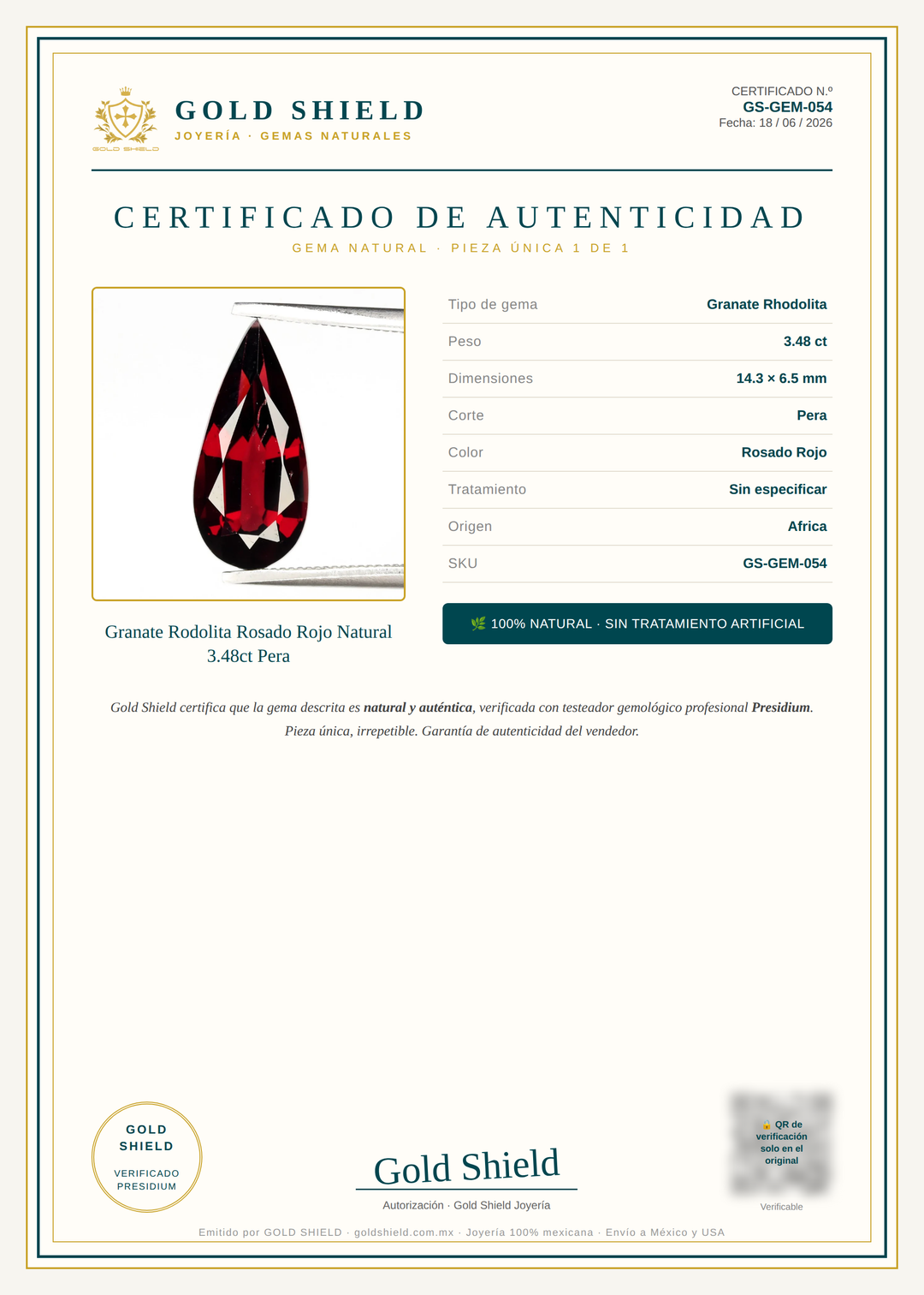 Certificado de Autenticidad Gold Shield - Granate Rodolita Rosado Rojo Natural 3.48ct Pera