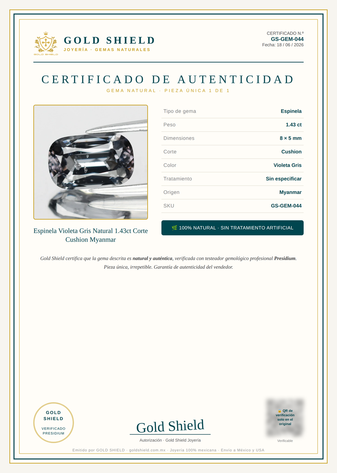 Certificado de Autenticidad Gold Shield - Espinela Violeta Gris Natural 1.43ct Corte Cushion Myanmar