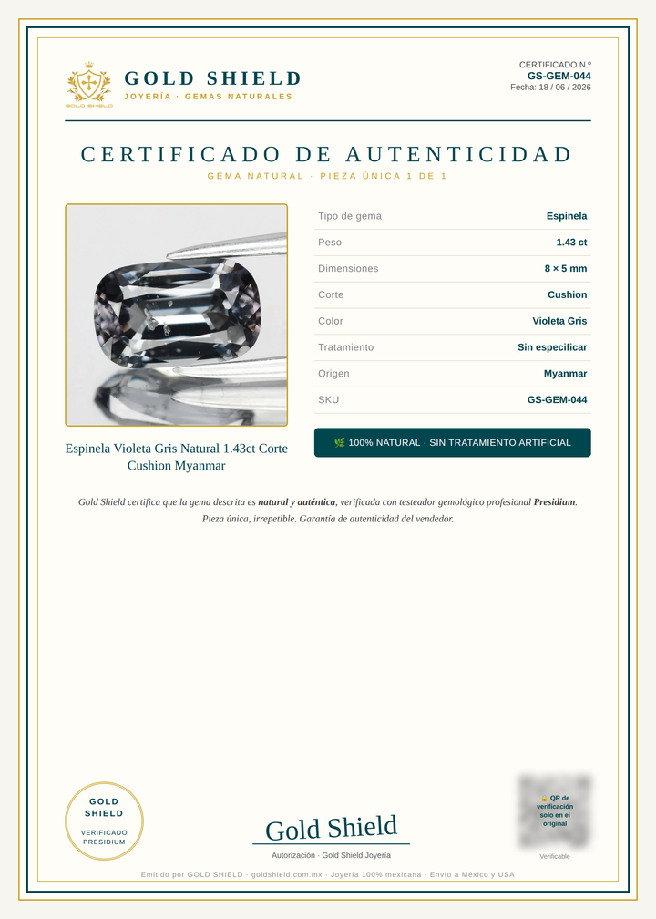 Certificado de Autenticidad Gold Shield - Espinela Violeta Gris Natural 1.43ct Corte Cushion Myanmar