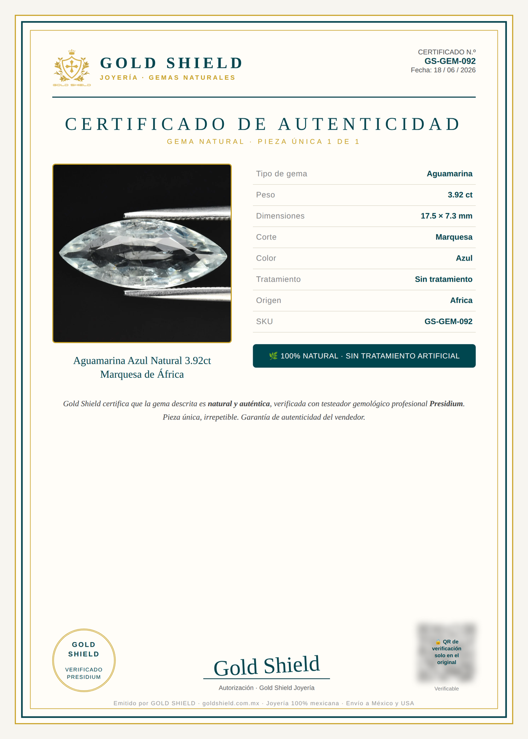 Certificado de Autenticidad Gold Shield - Aguamarina Azul Natural 3.92ct Marquesa de África
