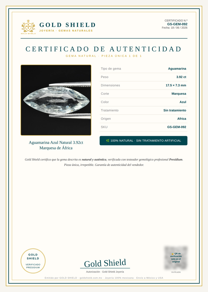 Certificado de Autenticidad Gold Shield - Aguamarina Azul Natural 3.92ct Marquesa de África