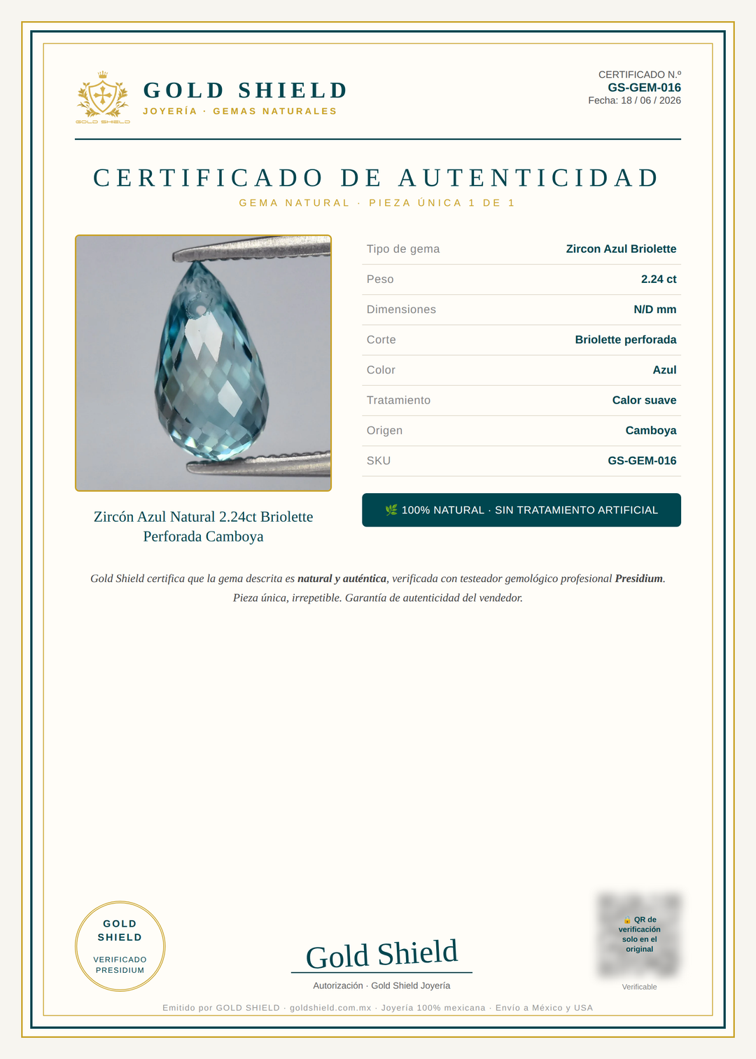 Certificado de Autenticidad Gold Shield - Zircón Azul Natural 2.24ct Briolette Perforada Camboya