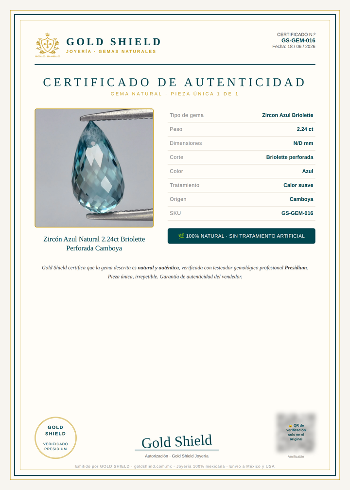 Certificado de Autenticidad Gold Shield - Zircón Azul Natural 2.24ct Briolette Perforada Camboya