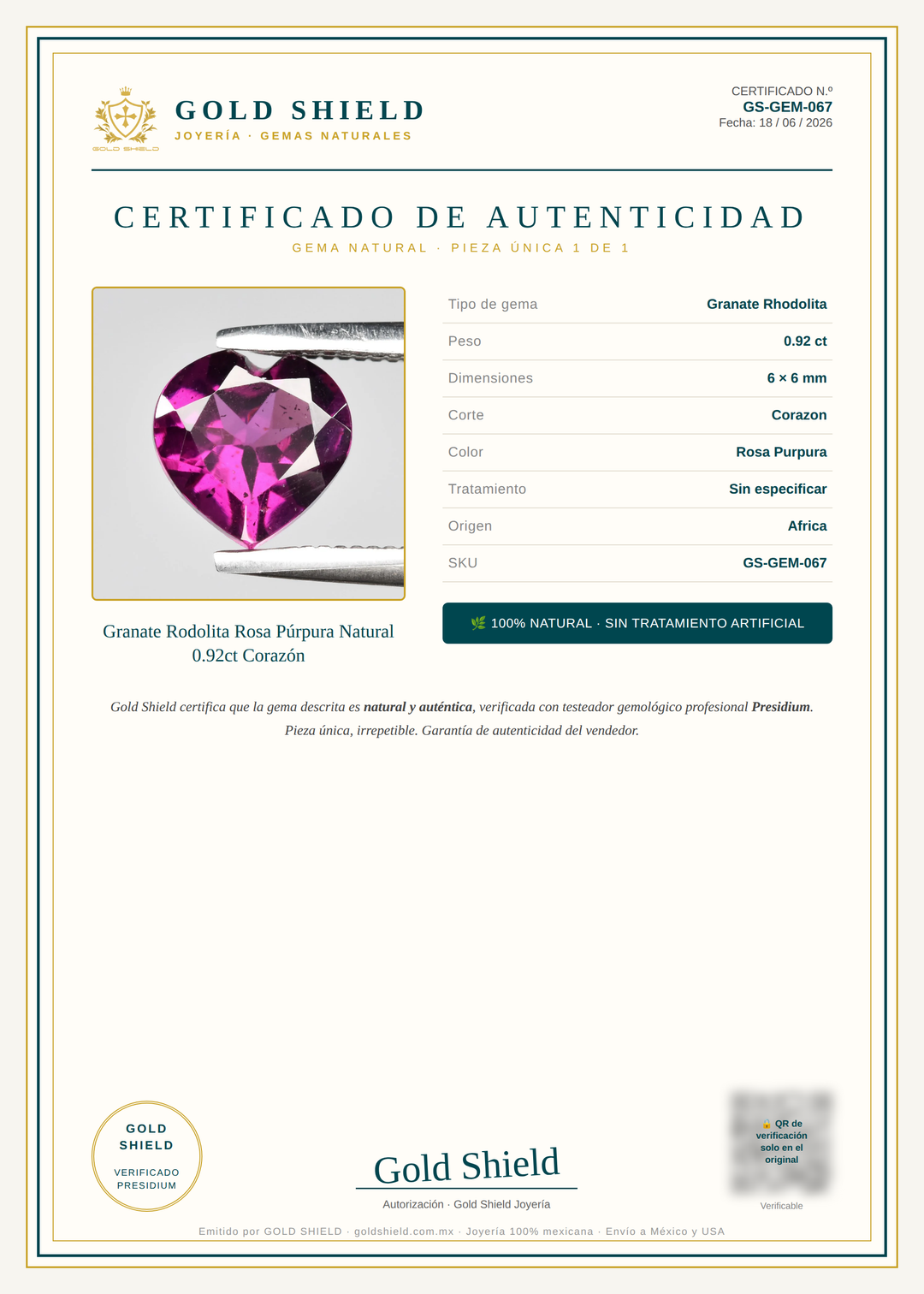 Certificado de Autenticidad Gold Shield - Granate Rodolita Rosa Púrpura Natural 0.92ct Corazón