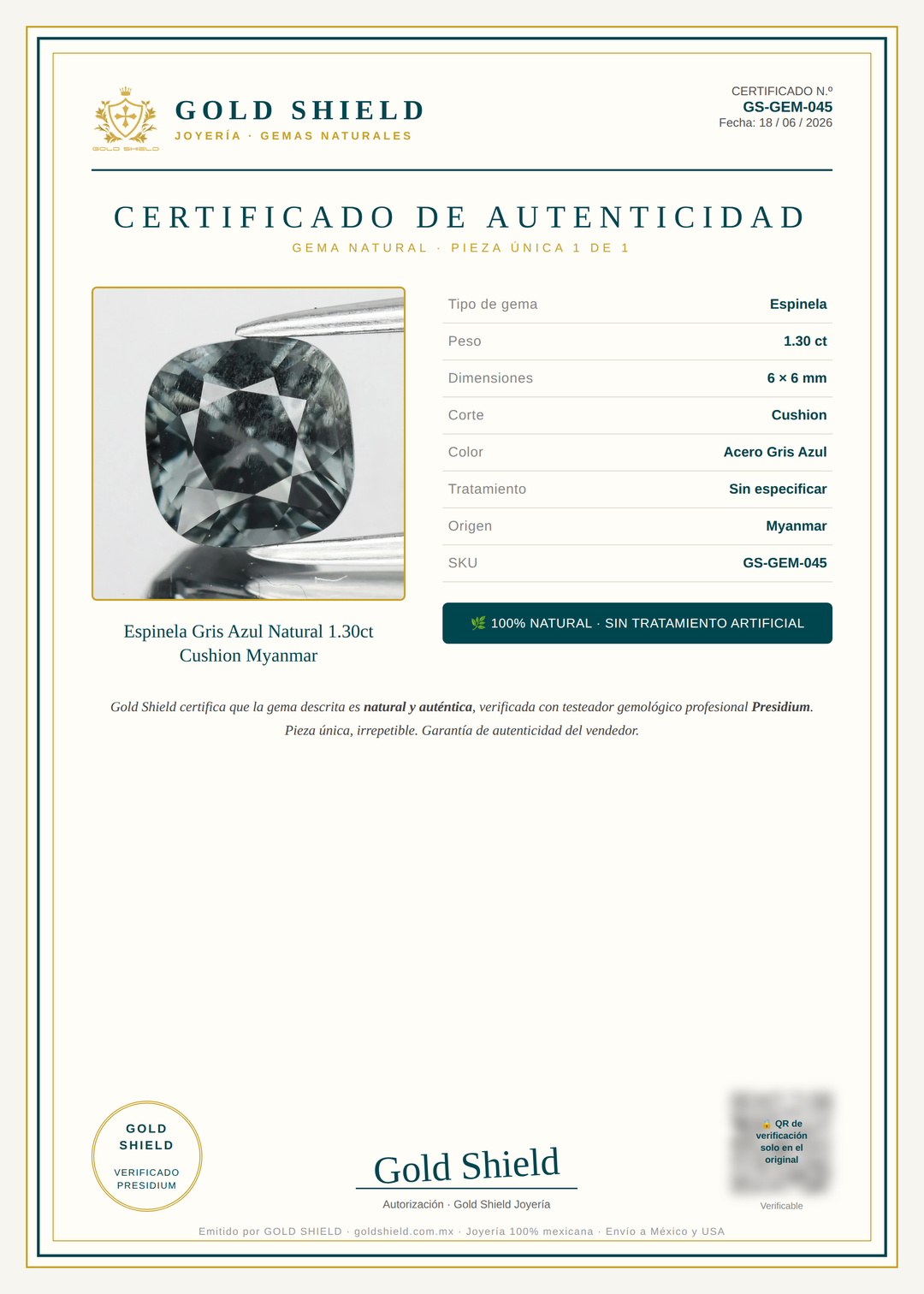Certificado de Autenticidad Gold Shield - Espinela Gris Azul Natural 1.30ct Cushion Myanmar